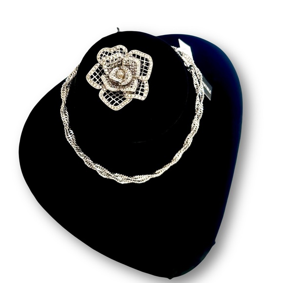 WHBM Pave Crystal Silver Rose Pendant/Broach Convertible Necklace NWT - Picture 7 of 14